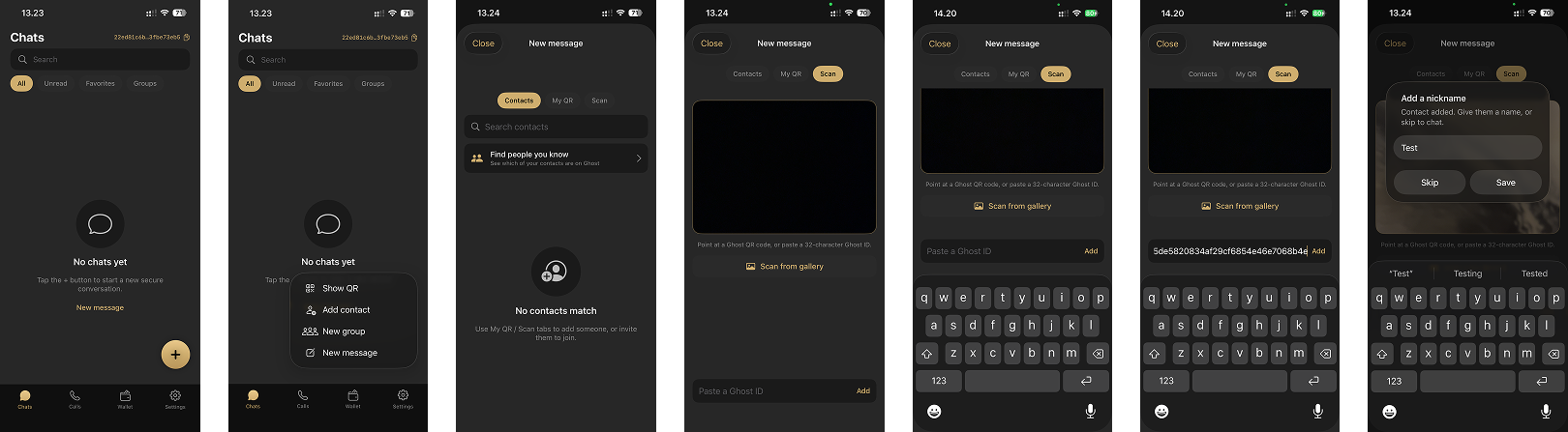 Seven screens showing a Ghost ID pasted into the new-message sheet and the contact being nicknamed