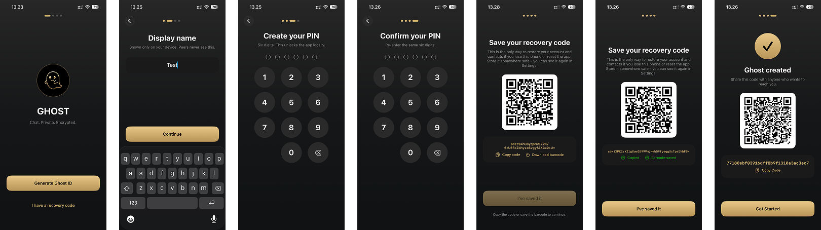 Seven screens: the welcome screen, display name, create PIN, confirm PIN, the recovery code, and the created Ghost ID