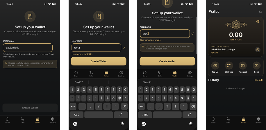 Four screens: setting up the wallet, choosing a username, and the funded wallet screen
