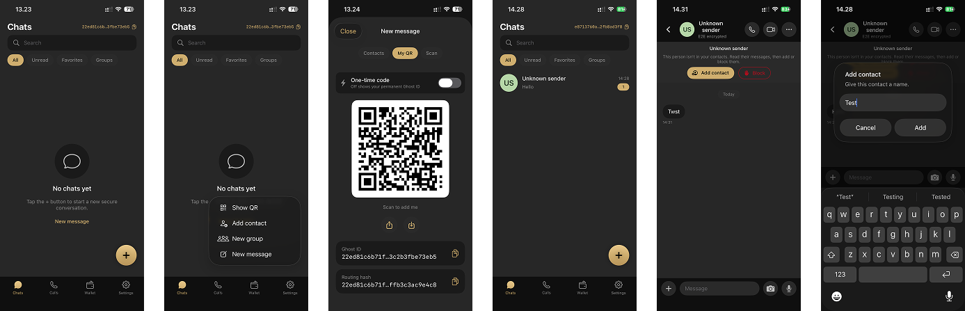 Six screens showing your own QR code, the incoming message from an unknown sender, and adding them as a contact