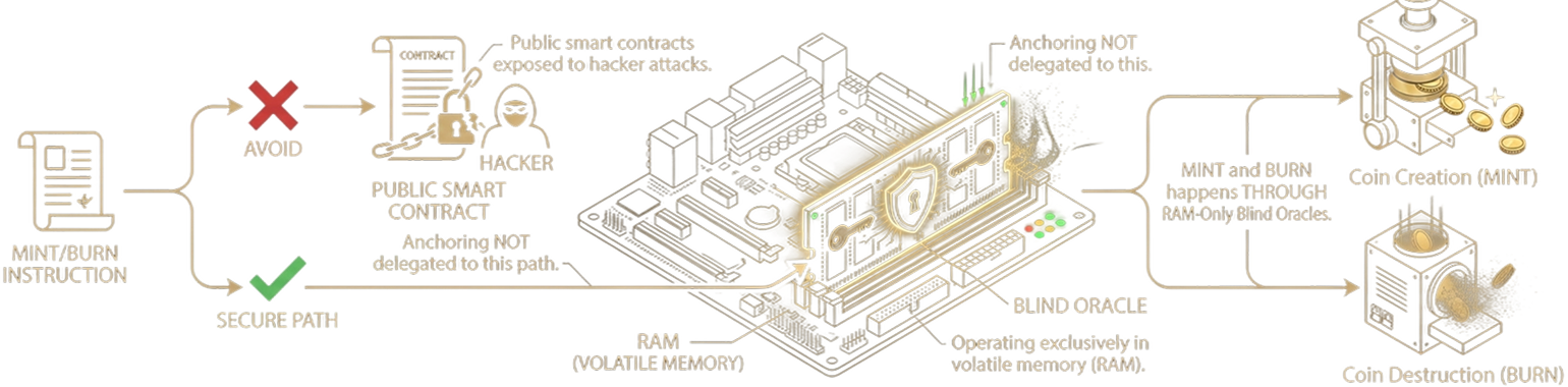 Mint and burn instructions avoid public smart contracts and run through blind oracles held in volatile memory