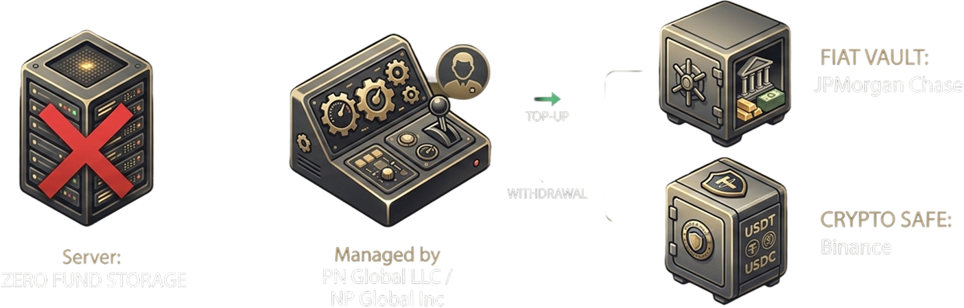 Fund flow: no funds stored on Ghost servers, operations managed by PN Global LLC, fiat held at JPMorgan Chase and crypto at Binance
