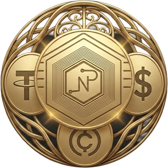 The NPUSD coin, shown beside a USDT and a USDC coin